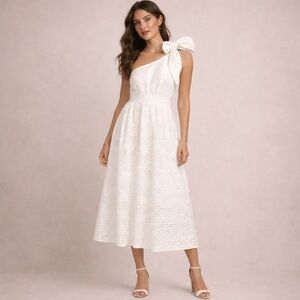 All About May‎ Midi Dress 10 Cream Eyelet Floral One Shoulder Bow A-Line Lined